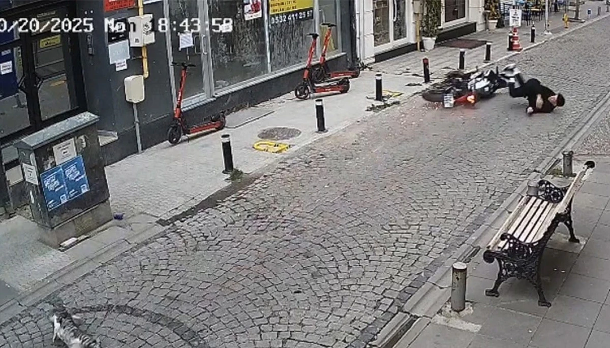 Kasksız sürücü kediye çarpmamak için beton saksıya çarptı